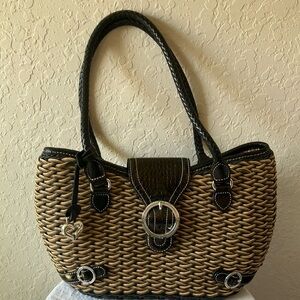 Brighton: Black/ Brown Wicker Shoulder Bag- Silver tone- Leather Trim- wear